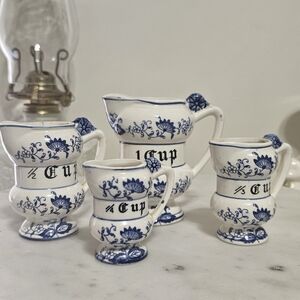 Beautiful Blue and White Japanese Ceramic Measuring Cup Set - Floral Pattern